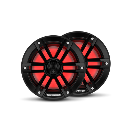 Front View of Speakers with Black Grilles