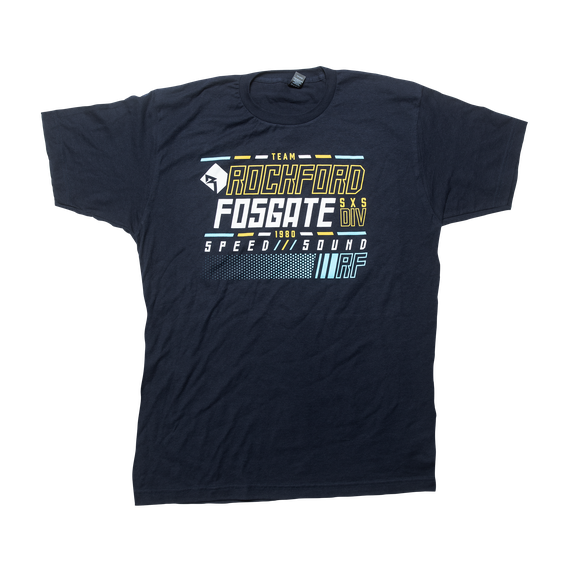 Front Side View of Navy Blue Rockford Fosgate T-Shirt with Team RF Graphic