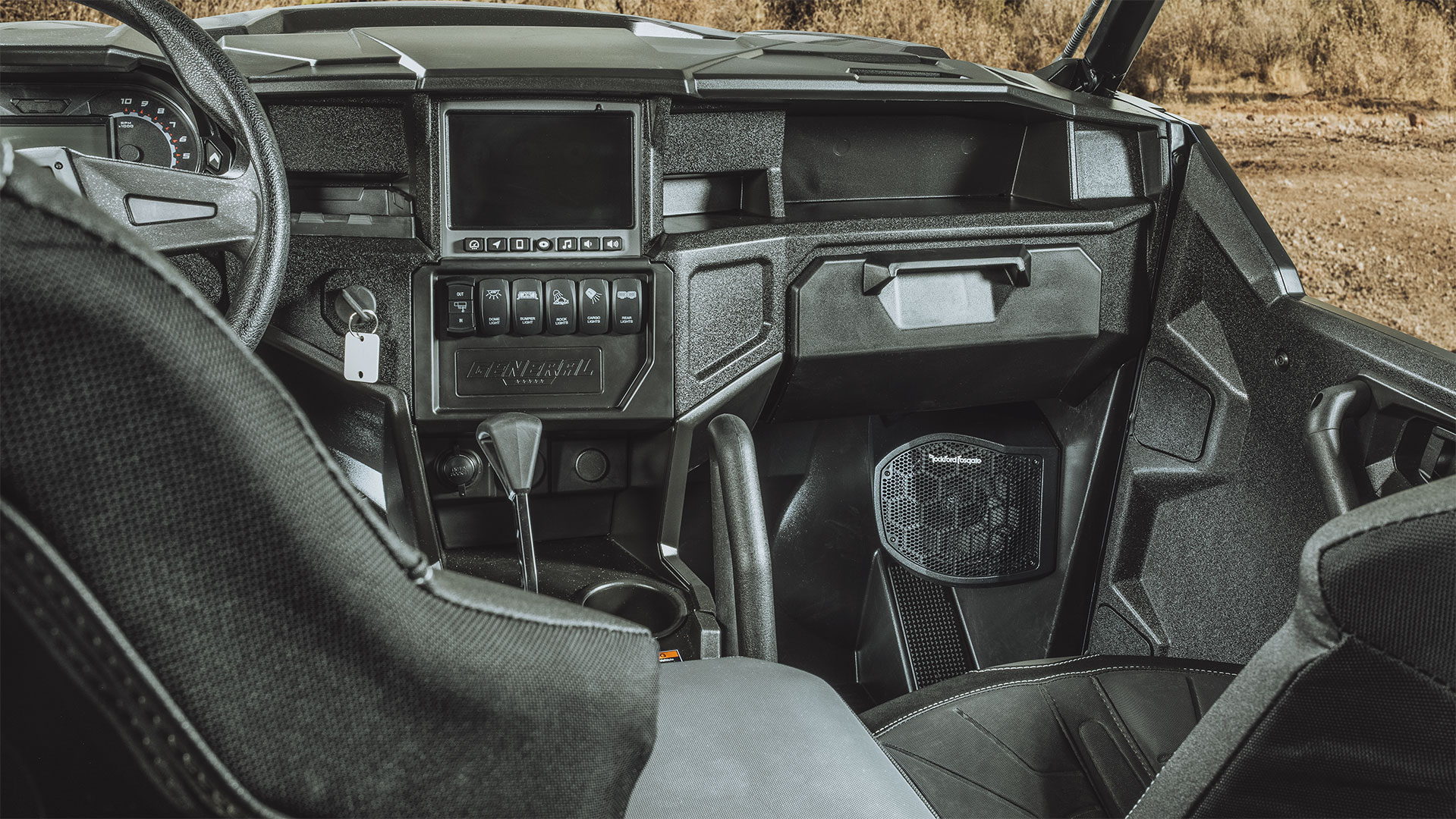 Polaris General Trail Head Installation View of Rockford Fosgate Front Speaker Pods