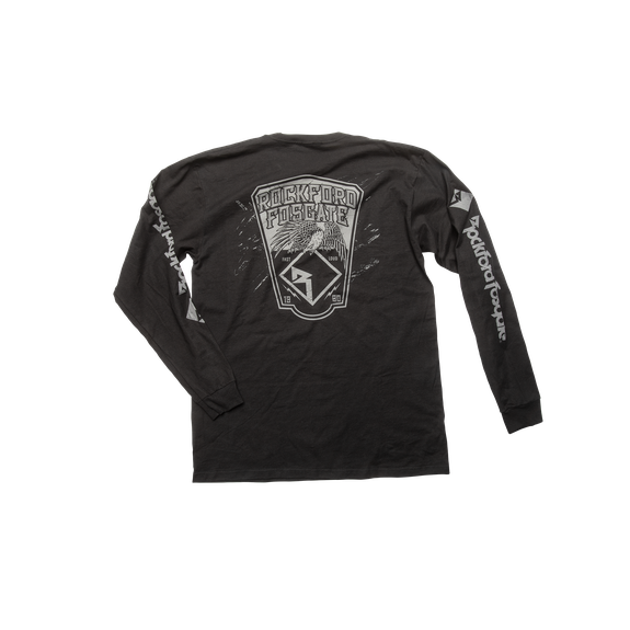 Back Side View of Black Rockford Fosgate Long Sleeve Motorcycle Audio Shirt