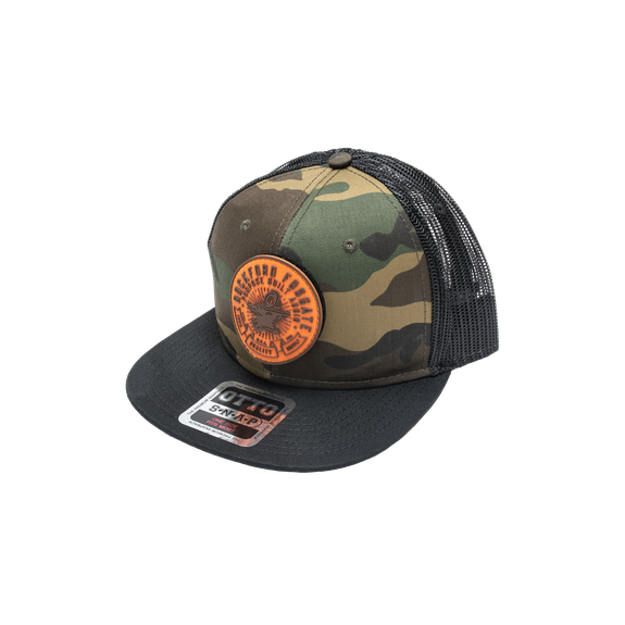 Three Quarter VIew of Camo Anvil Hat Featuring Orange Patch