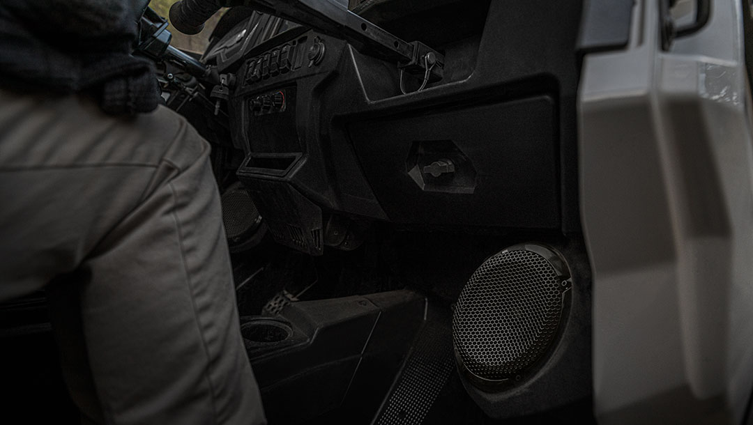 Polaris RZR Trail S 1000 Ultimate Ghost Gray with Rockford Fosgate front speaker pods.