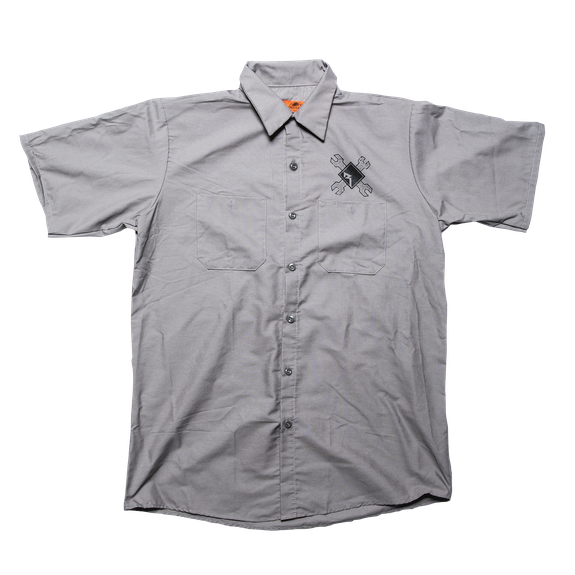 Front Side View of Charcoal Button Down Camp Shirt with White RF Graphic