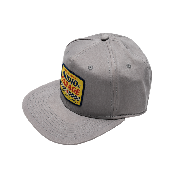 Three Quarter Beauty Shot of Grey Rockford Fosgate Hat with Audio Garage Graphic